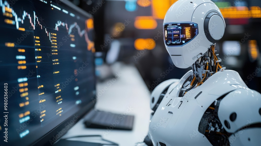 Robot monitoring stock trades through a holographic interface in a darkened trading room, data surveillance, robotic oversight in stock markets Robot monitoring stock trades through a holographic interface in a darkened trading room, data surveillance, robotic oversight in stock markets