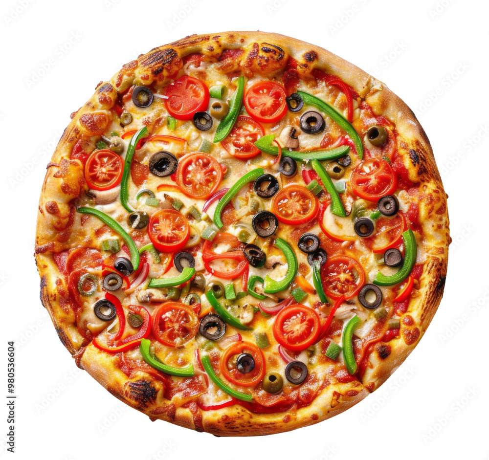 Realistic photograph of a pizza with vegetables, top view, isolated on a transparent background. Realistic photograph of a pizza with vegetables, top view, isolated on a transparent background.