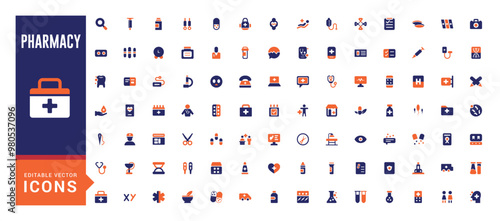 Pharmacy colorful icons set. Color editable vector icon collections. Filled icon set. Solid colors icon pack. Glyph icon for web and ui. Editable vector.