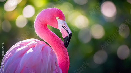 Close-up of a vibrant pink flamingo with a soft bokeh background. Banner photo