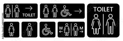 Toilet line icons set. Men and women restroom icon sign right arrow. Disabled wheelchair icon. Vector Illustration