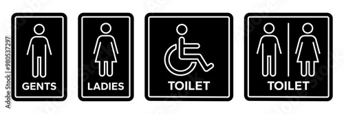 Toilet line icons set. Men and women restroom icon sign right arrow. Disabled wheelchair icon. Vector Illustration