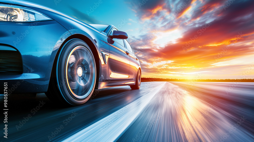 Lone car driving on deserted highway at sunset, road stretching into horizon with golden light reflecting off hood, sharp silhouette against vibrant sky, emphasizing solitude and freedom. Lone car driving on deserted highway at sunset, road stretching into horizon with golden light reflecting off hood, sharp silhouette against vibrant sky, emphasizing solitude and freedom.