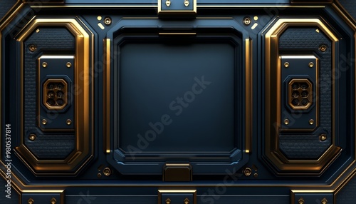 Abstract Dark Blue and Gold Metallic Panel with a Square Frame