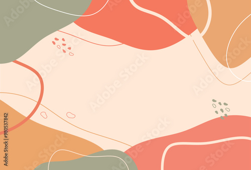 Abstract pastel background with organic shapes and lines. Minimalist design with soft color blobs and doodles.