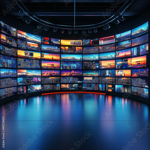 A high-tech control room setup with multiple digital screens displaying various data and city views, providing a futuristic look for video production and media broadcasting. photo