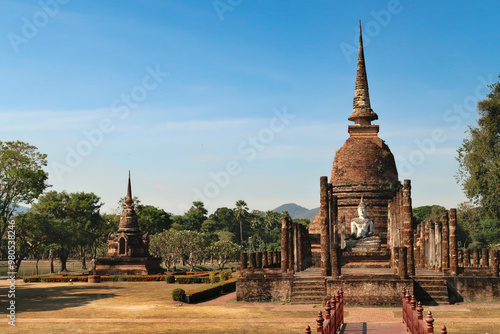 View onto the Wat Sa Si, Wat Sra Sri Temple at the Historical Park, the archaeological site, ancient ruins of Sukhothai, Thailand photo