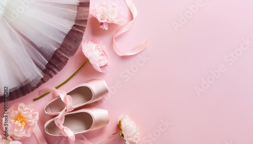 Pink ballet shoes, tutu, ribbons and flowers on pink background.  Space for text.