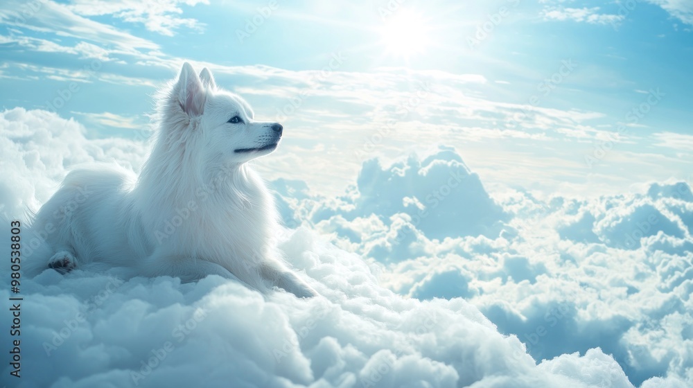 A dog in heaven in the clouds in paradise after death happy resting eternal life of the soul White Angel generated ai A dog in heaven in the clouds in paradise after death happy resting eternal life of the soul White Angel generated ai