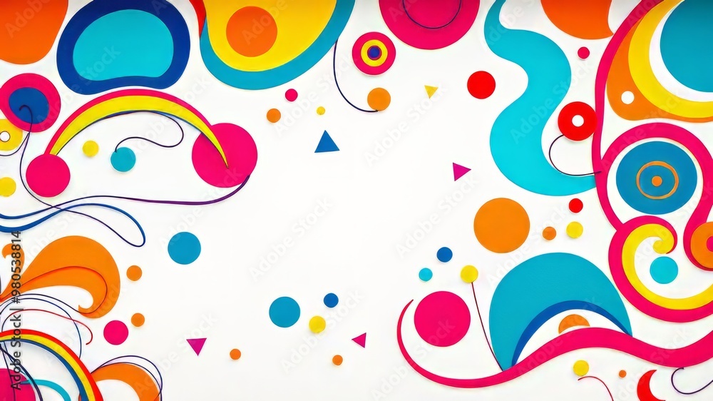 Vibrant colors and whimsical shapes on a fresh white surface, swirling lines and abstract patterns blending together in Vibrant colors and whimsical shapes on a fresh white surface, swirling lines and abstract patterns blending together in