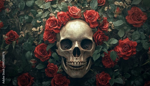 Skull Adorned with Red Roses on a Black Background