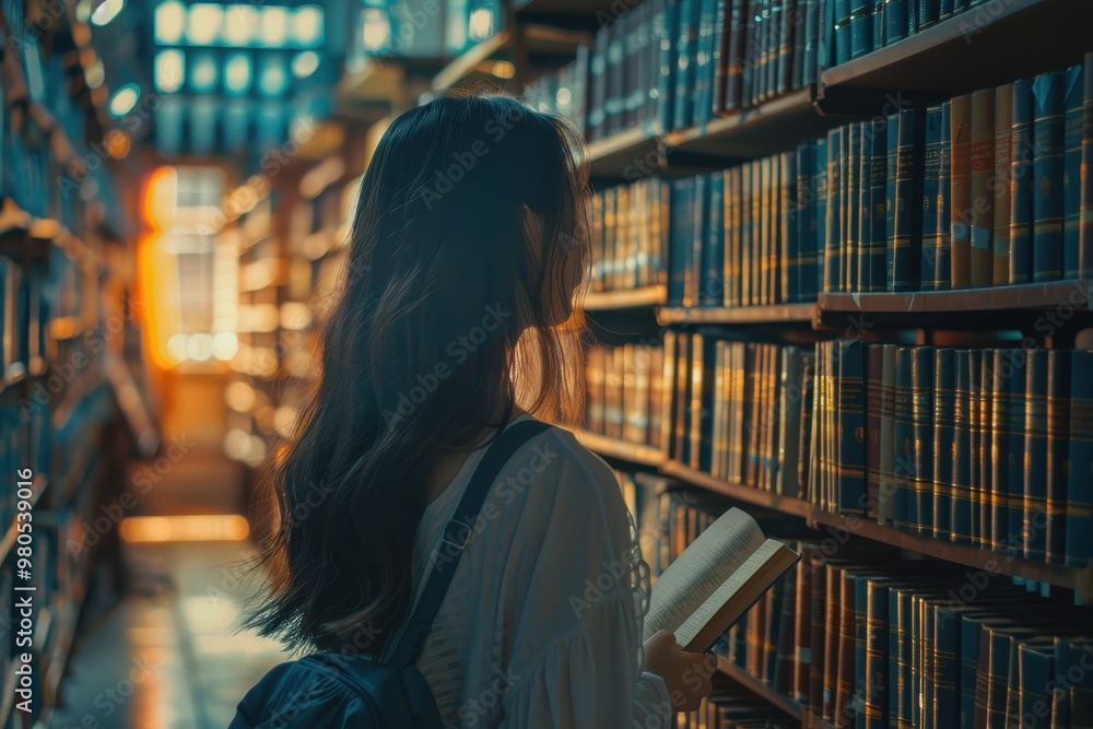 A person reading a book in a quiet library aisle, illuminated by warm sunlight filtering through the windows. A person reading a book in a quiet library aisle, illuminated by warm sunlight filtering through the windows.