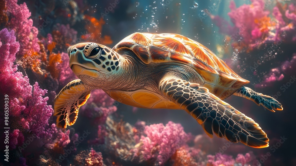 Sea Turtle Swimming Through Coral Reef Sea Turtle Swimming Through Coral Reef