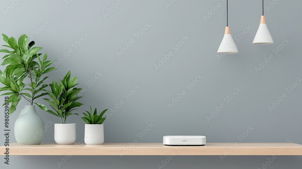 Modern interior scene featuring plants, pendant lights, and a clean shelf against a soft grey wall for a stylish ambiance. Modern interior scene featuring plants, pendant lights, and a clean shelf against a soft grey wall for a stylish ambiance.