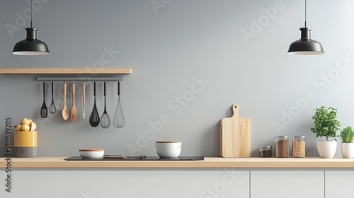 Modern kitchen interior with wooden shelves, stylish utensils, and elegant lighting, creating a warm and inviting cooking space. photo