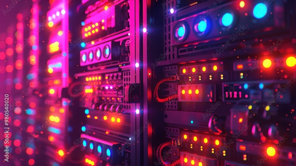 Close-up of colorful lights on a data center server rack. The image highlights modern technology, network equipment, and IT infrastructure. Close-up of colorful lights on a data center server rack. The image highlights modern technology, network equipment, and IT infrastructure.