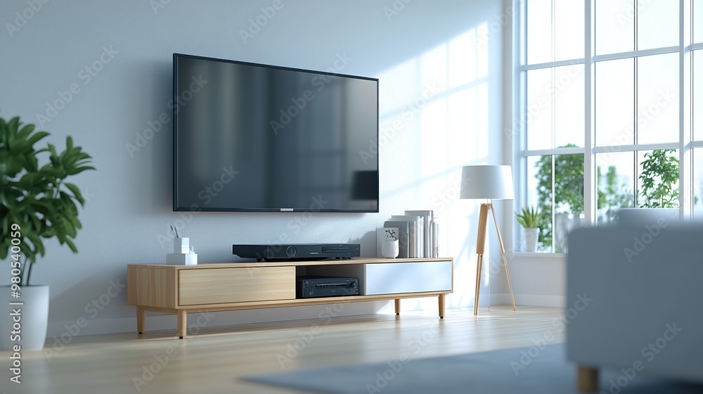 Modern living room with sleek TV setup, wooden cabinet, green plant, and natural light, creating a cozy atmosphere. Modern living room with sleek TV setup, wooden cabinet, green plant, and natural light, creating a cozy atmosphere.