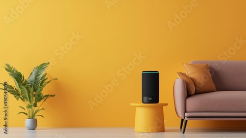 Modern living room with a vibrant yellow wall, featuring a cozy sofa, a plant, and a smart speaker for a stylish ambiance.