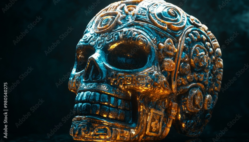 Obraz premium Crystal Skull from Maya Civilization Placed on a Stone Altar in a Dark Setting