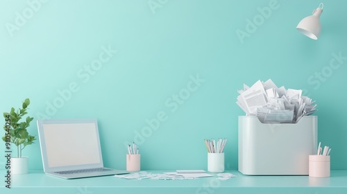 Modern workspace with a laptop, plant, and organized papers against a turquoise wall for a fresh look. photo