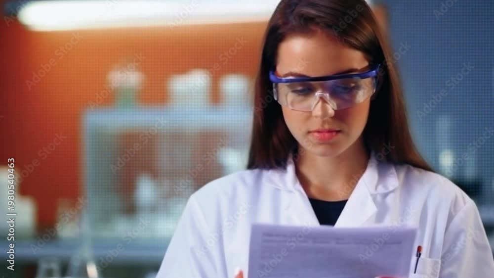 A young woman scientist wearing goggles and a lab coat reads a document in a laboratory setting. A young woman scientist wearing goggles and a lab coat reads a document in a laboratory setting.