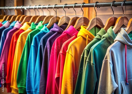 Wallpaper Mural Vibrant hoodies in diverse colors and designs are neatly arranged on a clothing rack, showcasing a wide range of stylish and trendy fashion options. Torontodigital.ca