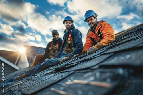 Construction workers on a roof working together with safety gear and tools, under a cloudy sky during daytime.