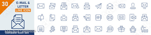 E-mail and Letter line icon set. Set of 30 outline icons related to mail, email, postal letter and others. Vector illustration.