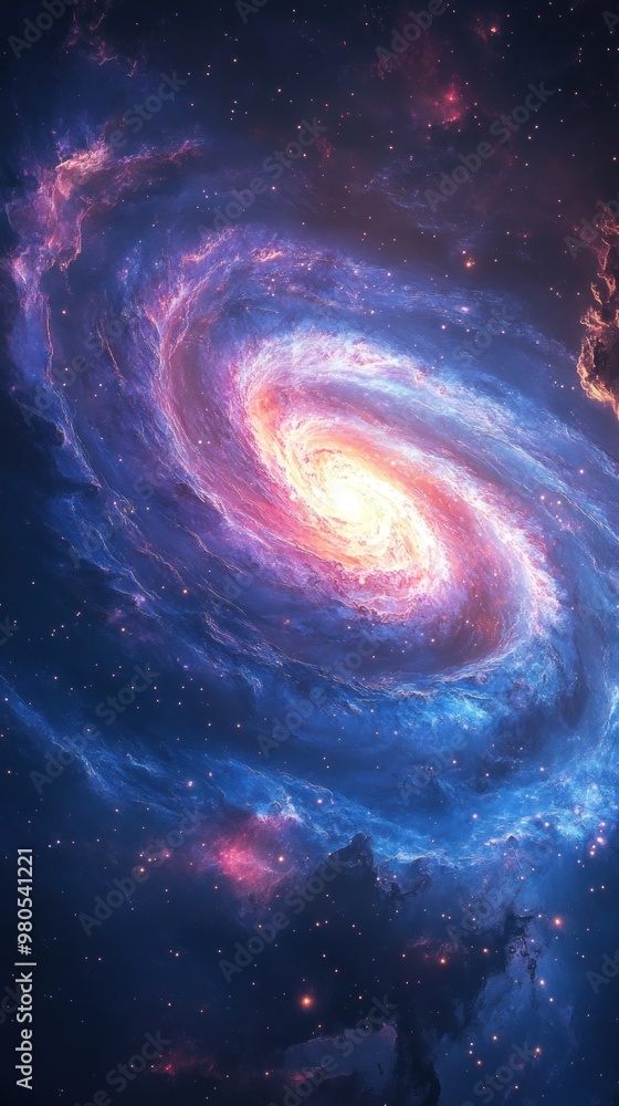 A vibrant, swirling galaxy with a bright core and scattered stars in a dark blue space A vibrant, swirling galaxy with a bright core and scattered stars in a dark blue space