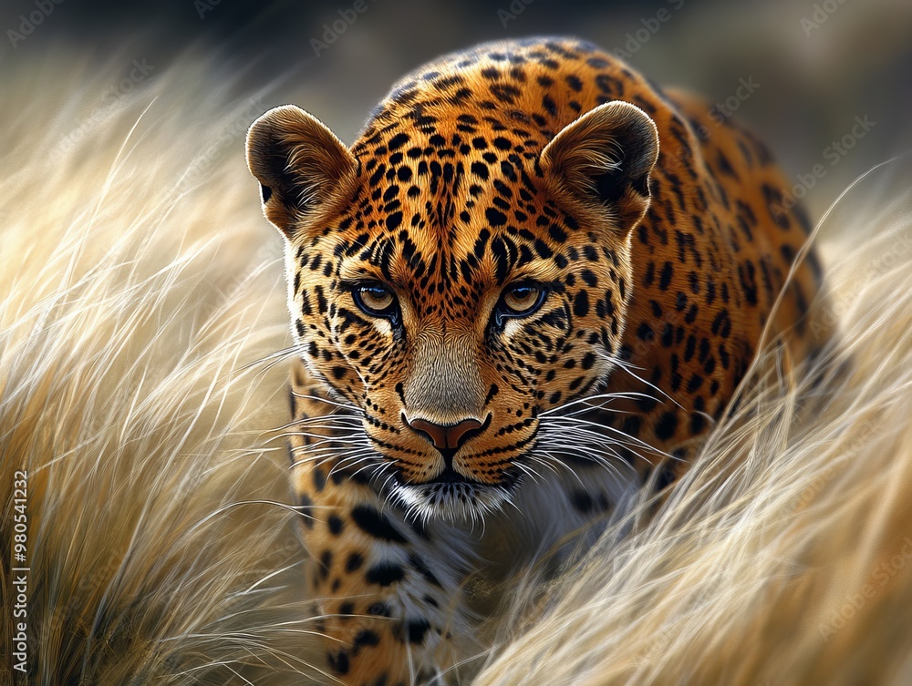 Obraz premium Wild Leopard Close Up Portrait in Grass
