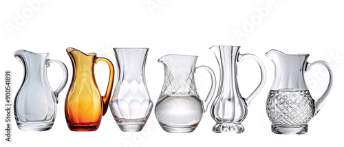 PNG Images, An elegant collection of diverse glass pitchers in various shapes and colors arranged harmoniously for a timeless tabletop display, Transparent background. photo