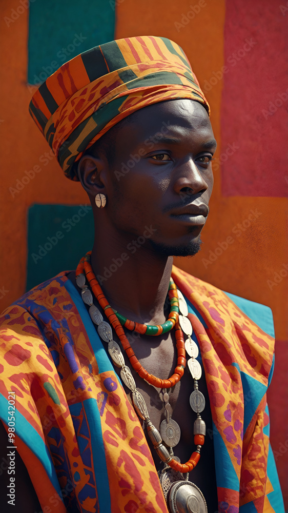Obraz premium Capture a portrait of a man wearing traditional African attire, with bold patterns and colors adding texture and detail