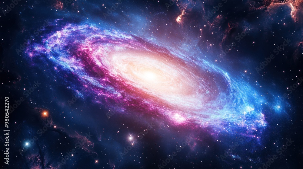 A vibrant, spiral galaxy with glowing colors and scattered stars in a dark cosmos A vibrant, spiral galaxy with glowing colors and scattered stars in a dark cosmos