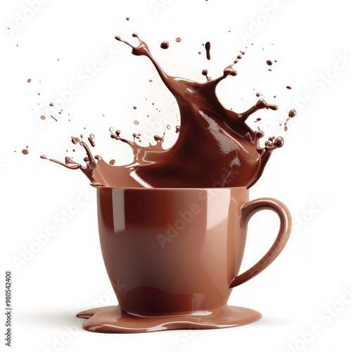 Chocolate milk splashing out of a cup with a white background.