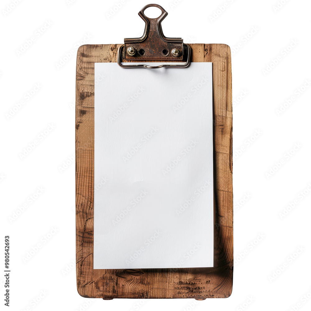 Wooden Clipboard with Blank Sheet of Paper Isolated on Transparent or White Background, PNG Wooden Clipboard with Blank Sheet of Paper Isolated on Transparent or White Background, PNG