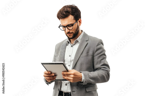 PNG Images, Young professional in smart attire using a tablet, engaged in work or research, against a clean white background, Transparent background.