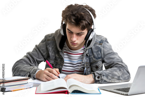 PNG Images, Young student concentrating while studying with headphones, Transparent background. photo