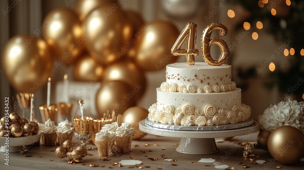 Elegant birthday celebration with a cake and golden decorations. Elegant birthday celebration with a cake and golden decorations.