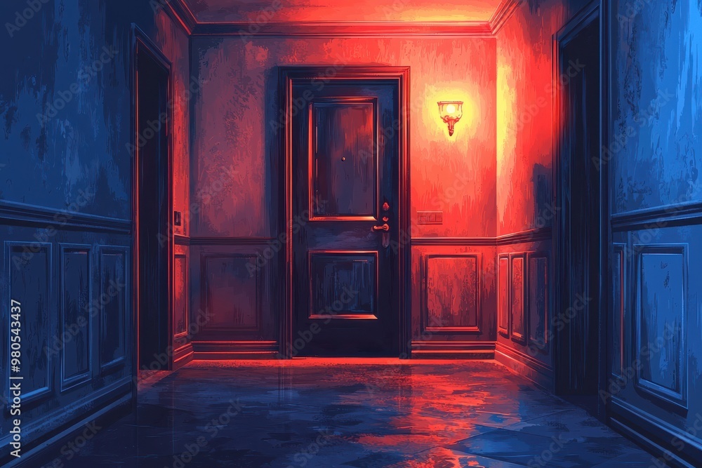 Mysterious red lit hallway with wooden doors leading to unknown destinations Mysterious red lit hallway with wooden doors leading to unknown destinations