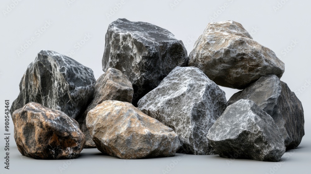 Realistic 3D render of a collection of large stone rocks arranged on a transparent background, each with unique textures and rugged surfaces Realistic 3D render of a collection of large stone rocks arranged on a transparent background, each with unique textures and rugged surfaces