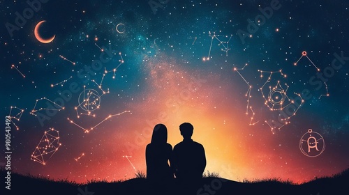 Celestial alignment of zodiac symbols around a couple gazing at the stars, cosmic love scene