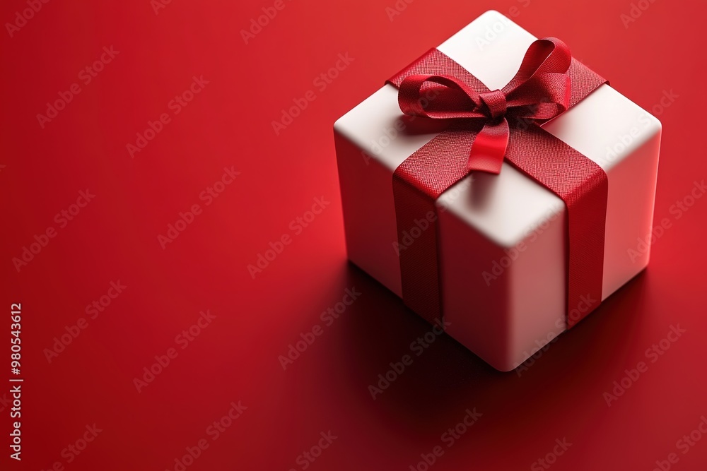 Fototapeta premium White gift box with red ribbon on red background