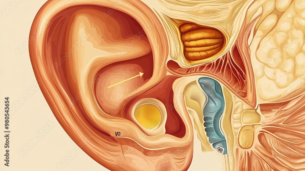A detailed vector image of human ear anatomy, showcasing both the outer ...