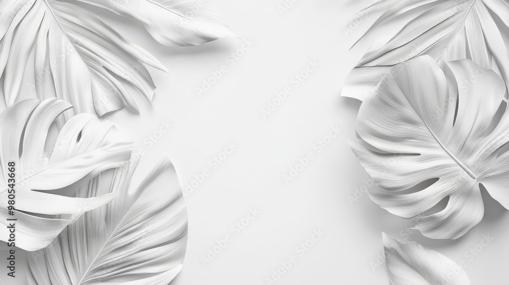 Fototapeta premium Collection of White Palm Leaves Tropical Background, Space for Text
