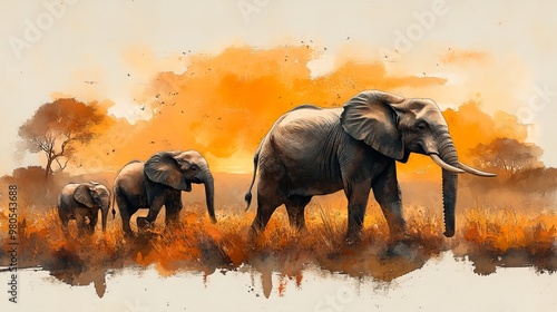 African Elephant Family Sunset Watercolor Painting