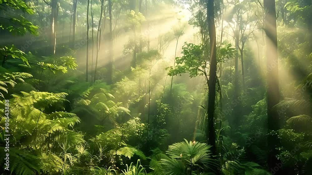Breathtaking view of a dense forest with sunlight filtering through trees Breathtaking view of a dense forest with sunlight filtering through trees