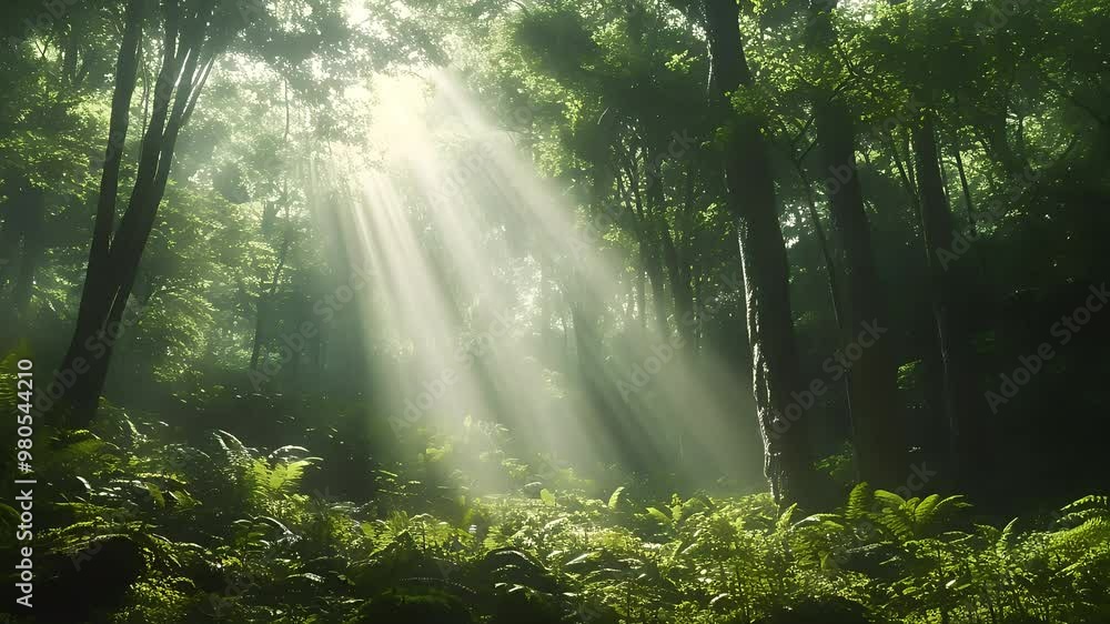 Breathtaking view of a dense forest with sunlight filtering through trees Breathtaking view of a dense forest with sunlight filtering through trees