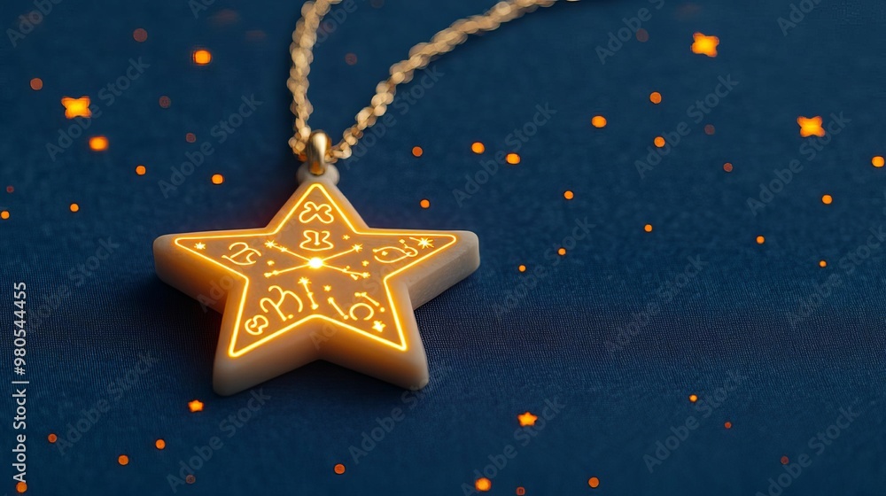 Fototapeta premium Compatibility shown as zodiac signs etched into a star-shaped amulet, glowing against the stars