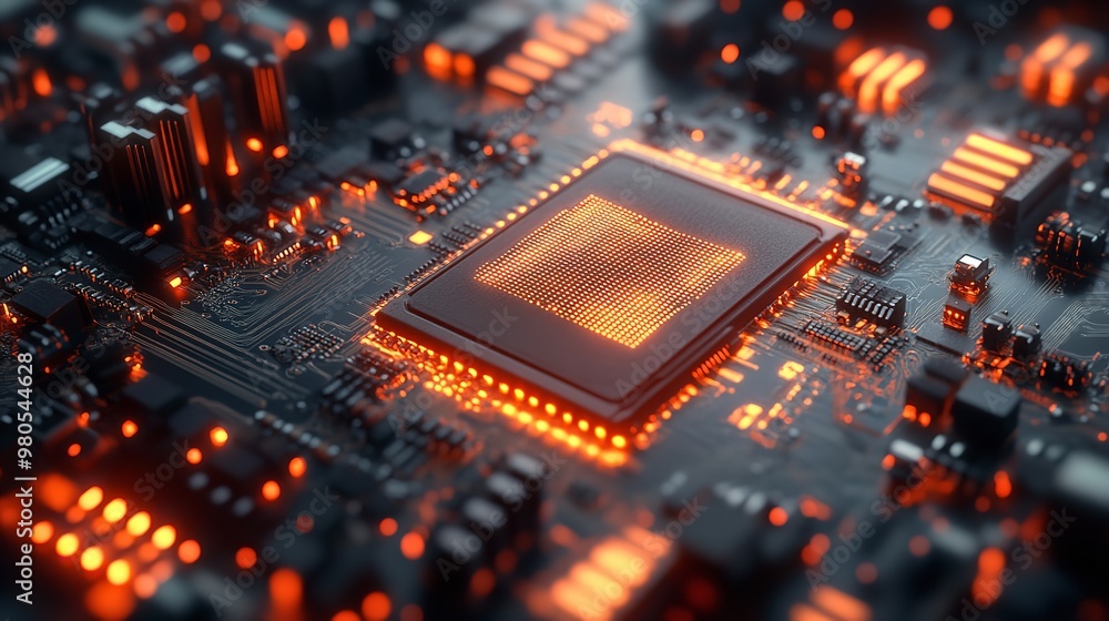Closeup of a modern microprocessor or chip on a motherboard, surrounded by digital data streams and glowing light effects, symbolizing the processing power of AI. Generative AI Closeup of a modern microprocessor or chip on a motherboard, surrounded by digital data streams and glowing light effects, symbolizing the processing power of AI. Generative AI