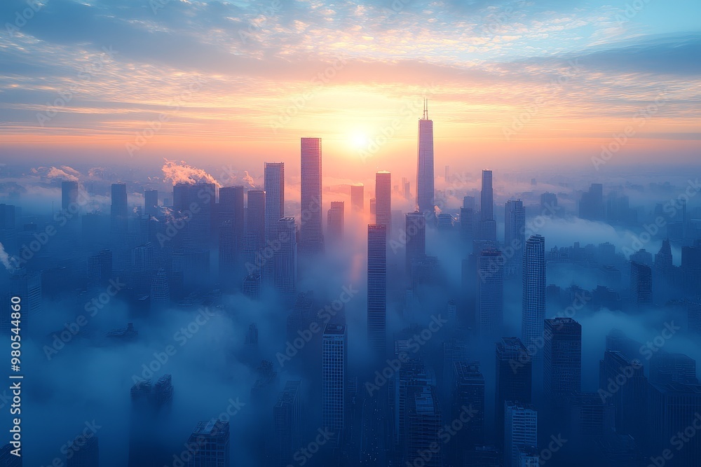 Cityscape Skyline Foggy Sunrise Aerial View Cityscape Skyline Foggy Sunrise Aerial View